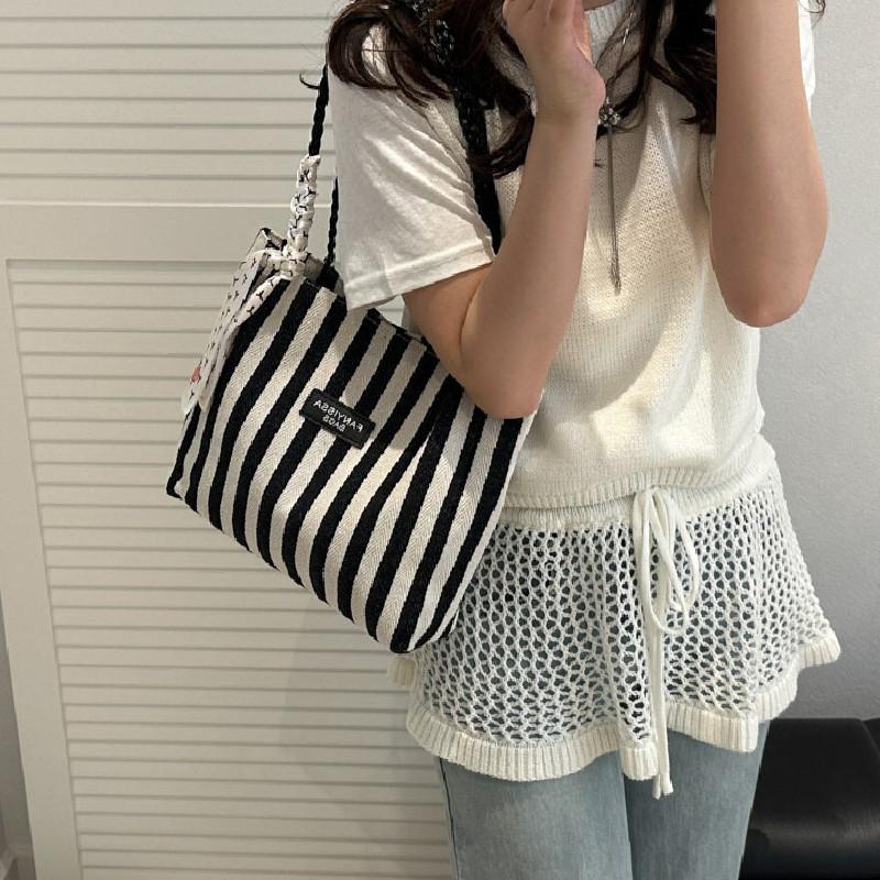Fashion Letter Decoration Striped Pattern Woven Shoulder Strap Women Tote Bag For Commuting