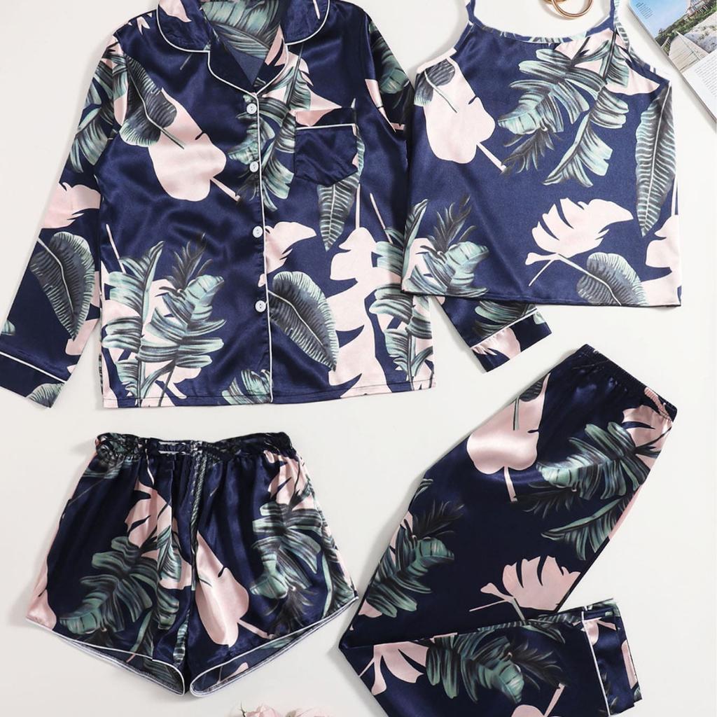 Женская домашняя одежда в европейском и американском стиле, комплект из 4 предметов: майка, шорты, длинные рукава, длинные брюки, пижамный комплект, модная одежда для отдыха с принтом