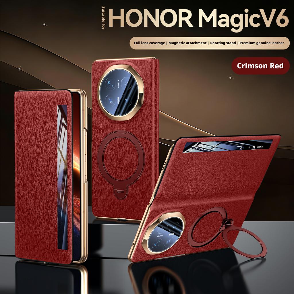Премиальный чехол из натуральной кожи для Honor Magic V6, 360° вращающаяся подставка, умное окошко для ответа на звонки, защитная крышка для объектива