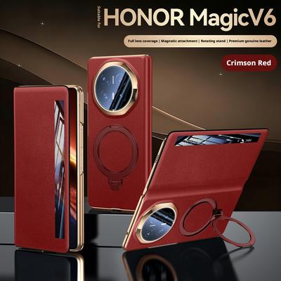 Премиальный чехол из натуральной кожи для Honor Magic V6, 360° вращающаяся подставка, умное окошко для ответа на звонки, защитная крышка для объектива