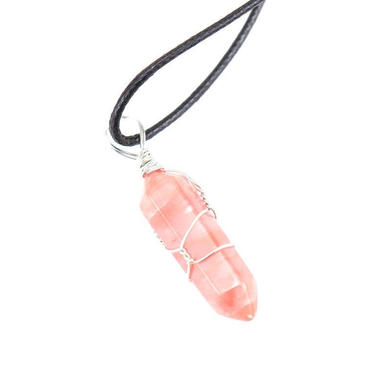 Hand-Wound Natural Stone Crystal Hexagonal Column Pendant Necklace N538 Geometric Beauty