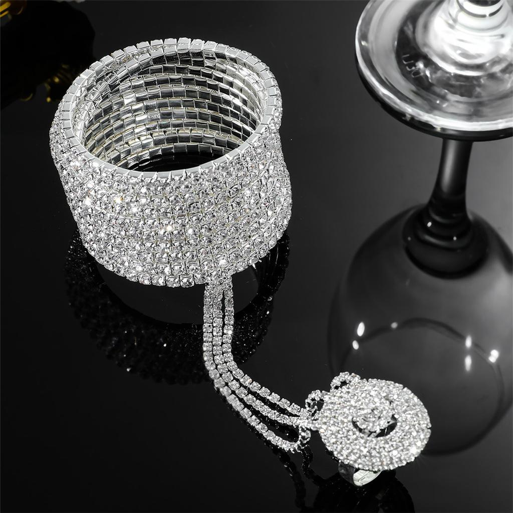 Fashion Multi-Layer Rhinestone Linked Finger Bracelet Women Shiny Full Diamond Bracelet Elastic Finger Chain Bridal Hand Jewellery