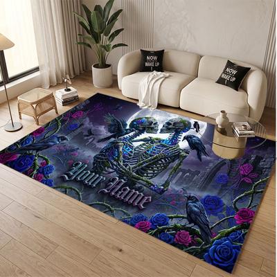 Skull Gothic Theme Soft Crystal Velvet Rug Custom Name & Text Print Non Slip Floor Rug for Bedroom Living Room