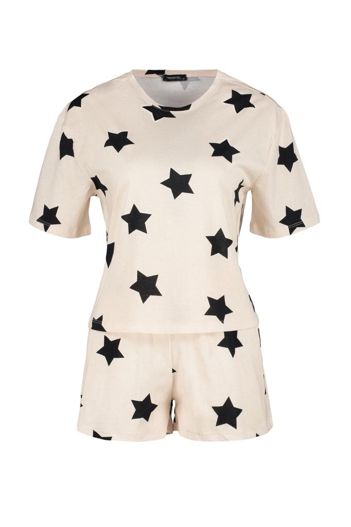 Women's Fashion Pink-Multicolored 100% Cotton Star Patterned T-shirt-Shorts Knitted Pajama Set