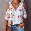 Fashion Loose Lace V-neck Short Sleeve White Shirt Women Elegant Plus Size Vintage Summer Blouses Women Tops Sexy Hollow Out Floral Print Shirts 26631