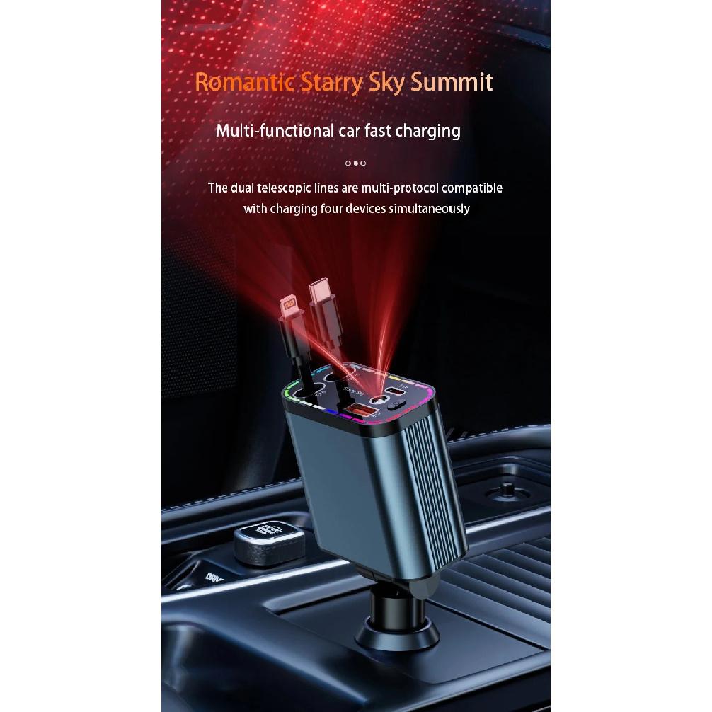 ZRGAE 5 IN 1 Retractable Car Charger 152W Fast Charging Starry Sky LED Lights USB Type-C Power Adapter For iPhone Android