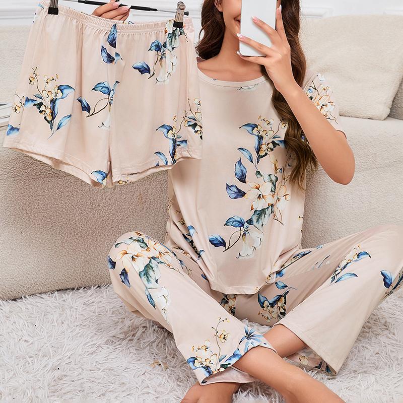 Женский топ с короткими рукавами и круглым вырезом, шорты и брюки, комплект из 3 предметов для дома, пижамные комплекты, ночная рубашка с принтом, повседневный пижамный комплект