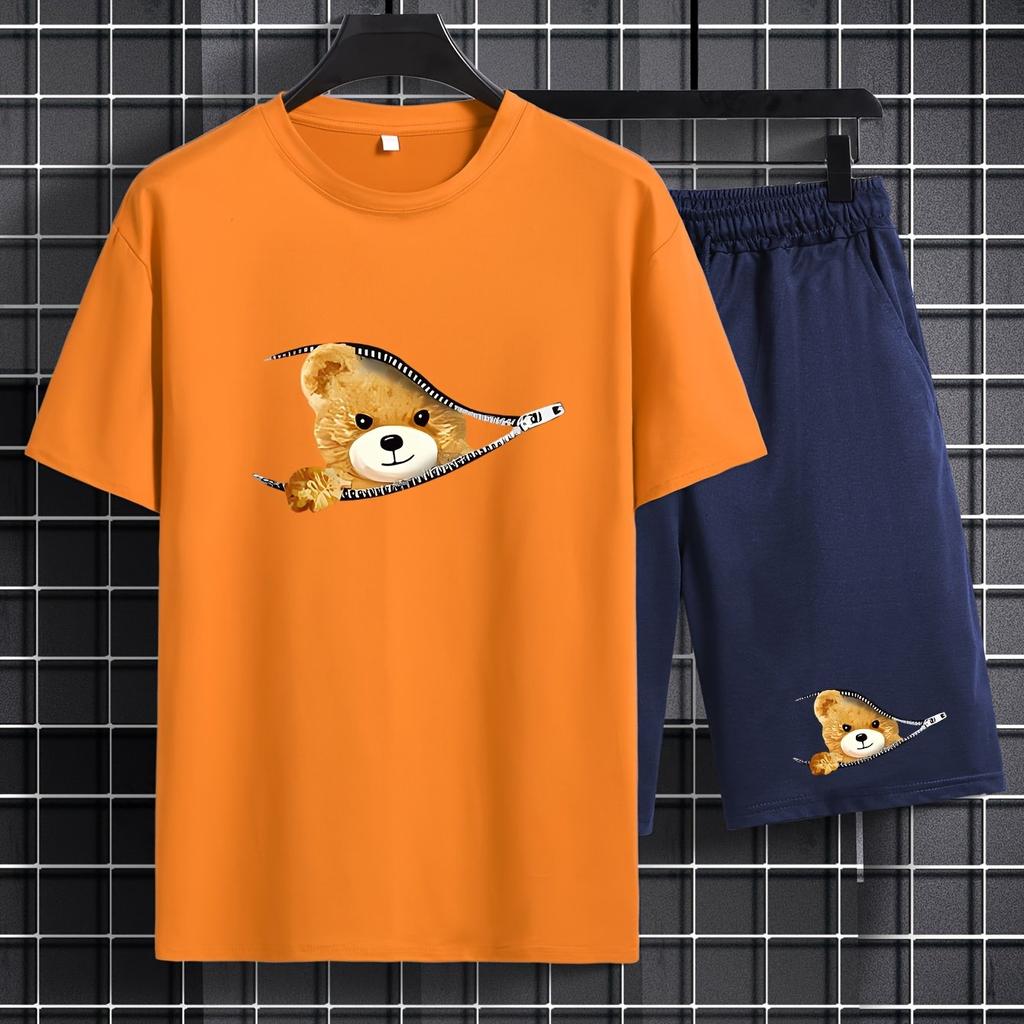 Мужской комплект из футболки с круглым вырезом и шорт с мультяшным медведем и графическим принтом больших размеров — мягкий, средний стрейч, повседневный стиль для лета — забавный принт