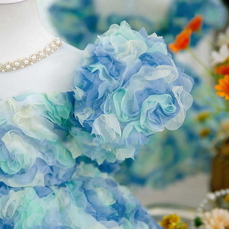 Детская одежда для детей от 1 до 8 лет, вечернее платье на день рождения, крещение для маленьких девочек, синие платья с цветочным узором из бисера, бальное платье, костюм для выступлений