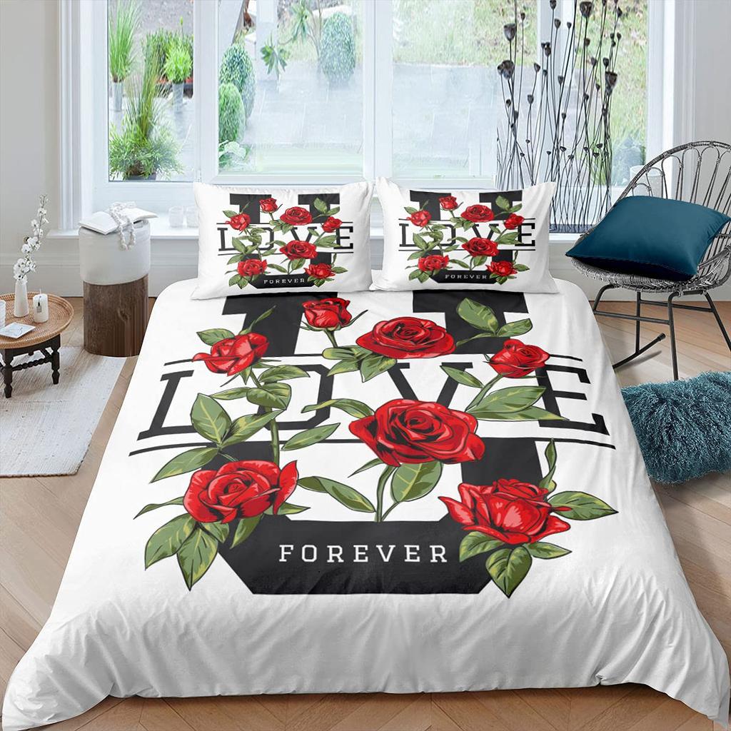 Valentine's Day Rose King Queen Duvet Cover Red White Floral Bedding Set Romantic Flowers Quilt Cover Polyester Comforter Cover