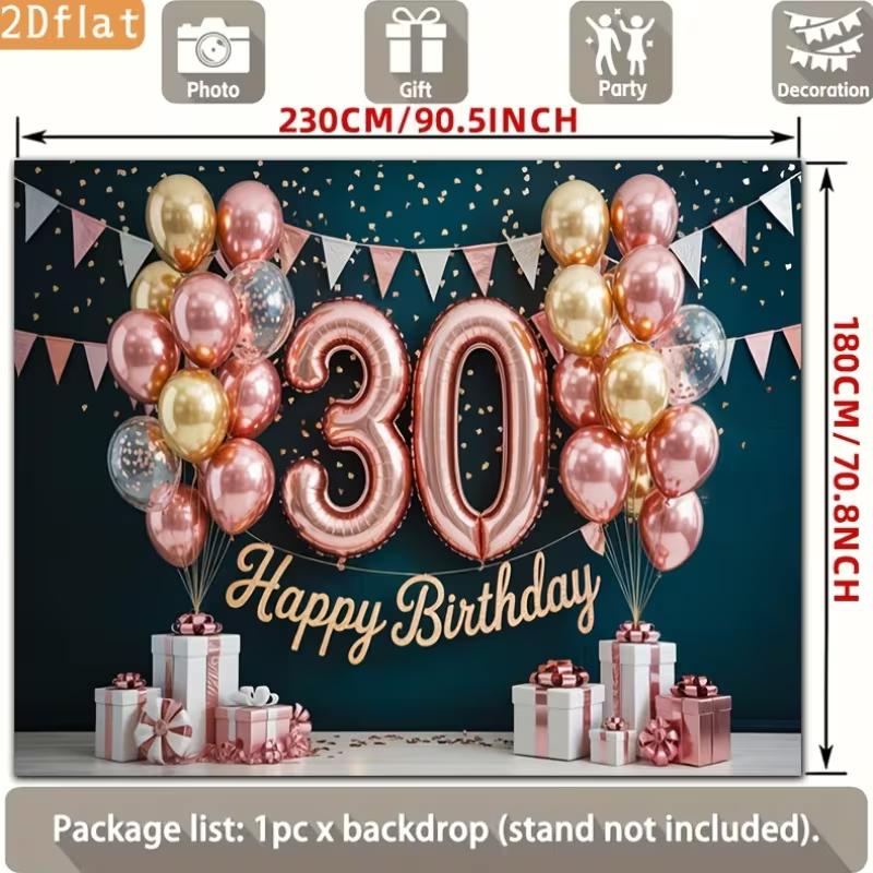 2D 30th Birthday Photography Backdrop Teal Background with Rose Gold Balloons and Gifts