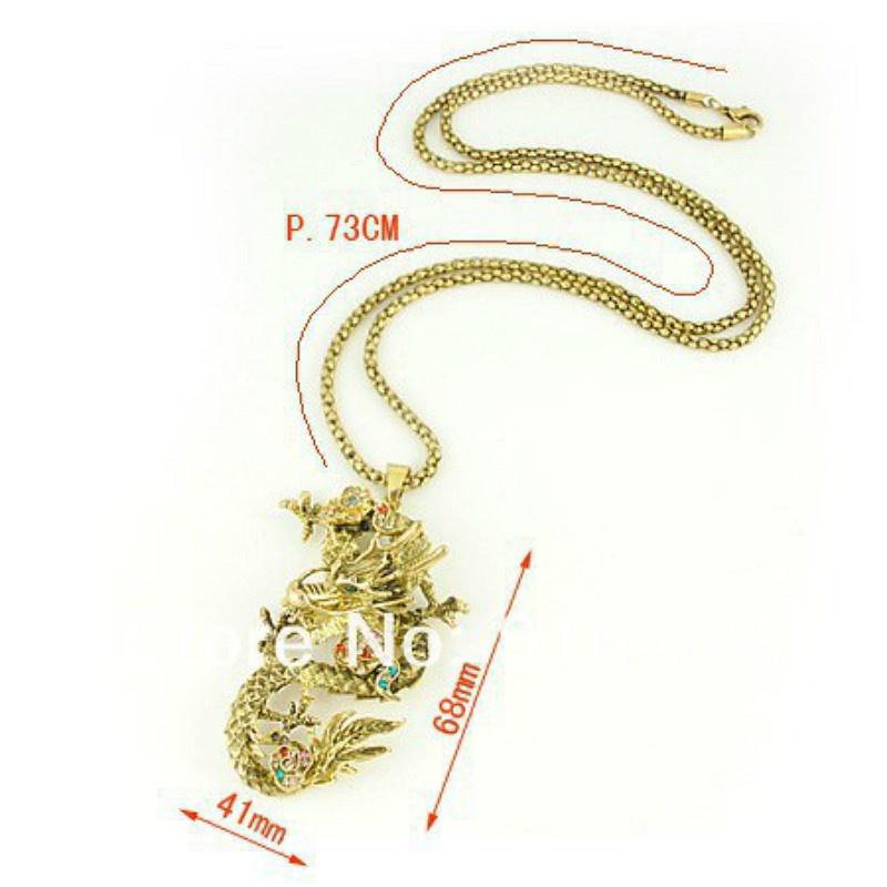 Мода Новое Золото и Серебро Китайский Дракон Сплав Подвеска Длинное Ожерелье Ожерелье с Драконом с Бриллиантами Цепочка для Свитера Ювелирные Изделия ADM