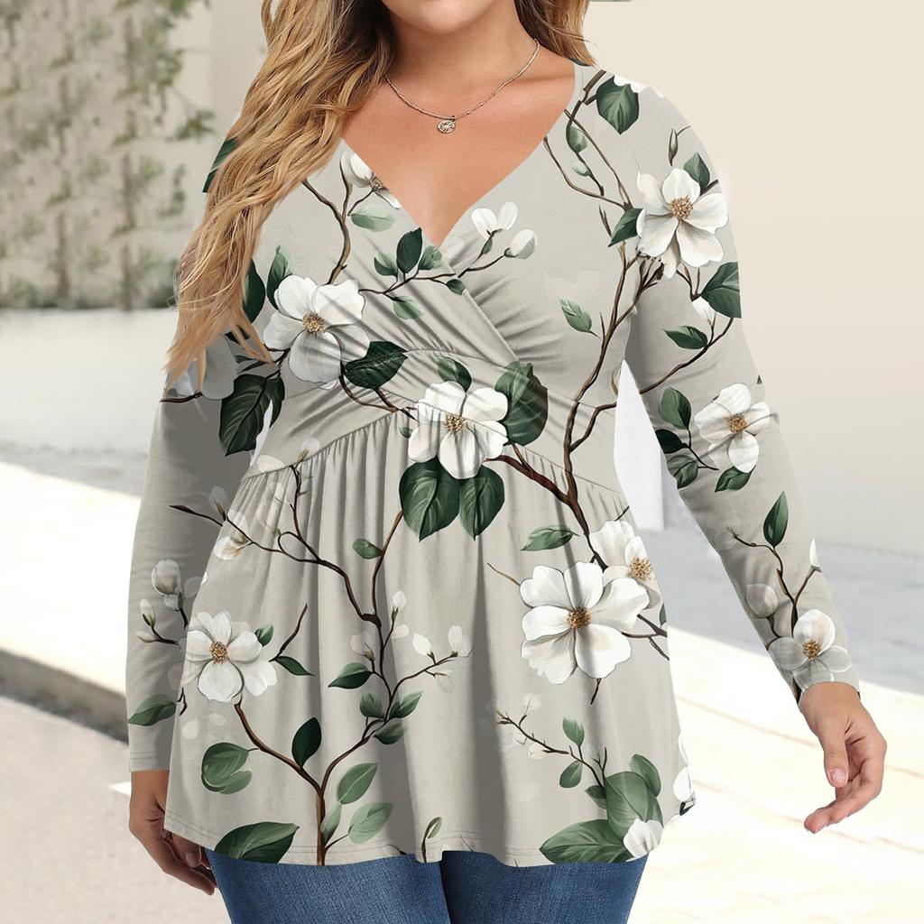 Women's Plus Size Shirt Long Sleeve Print Top Pleated Casual V-Neck Top