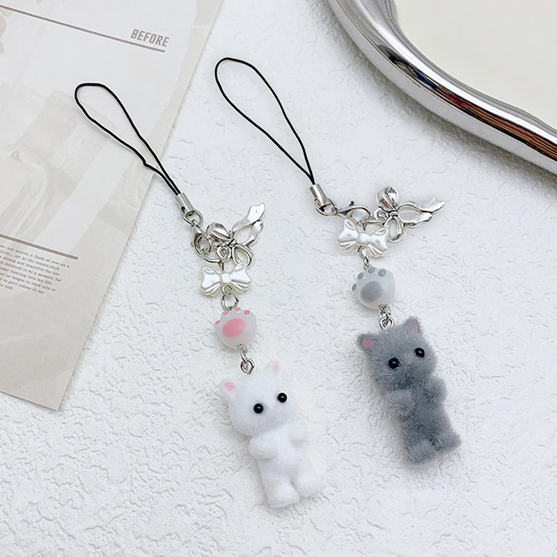 Kawaii Flocking Cat Pendant Phone Lanyard Y2K Cute Bow Kitten Phone Chain Korean Mobile Phone Charm Keycord Girl Gifts