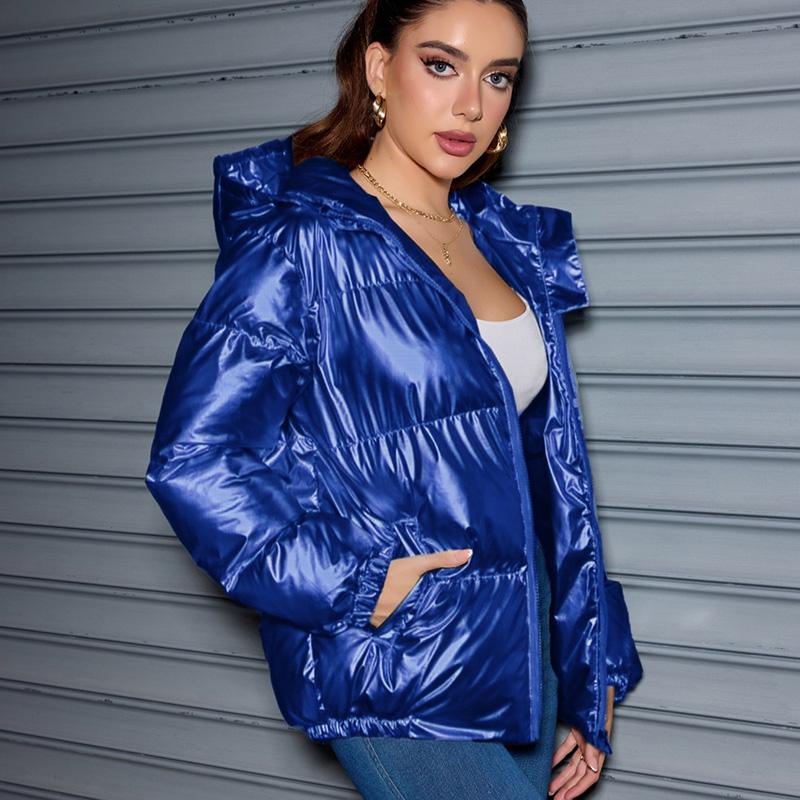 Зимняя модная блестящая куртка-пуховик с капюшоном для женщин с длинным рукавом, однотонная, облегающая, теплая, хлопковая куртка-парка