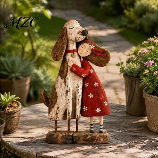 Decorative Statue for Cat And Dog Owners Girl Pet Figurine, Cat/Dog Statue, Distressed Resin Friendship Heartwarming Sculpture Home Office Decor,