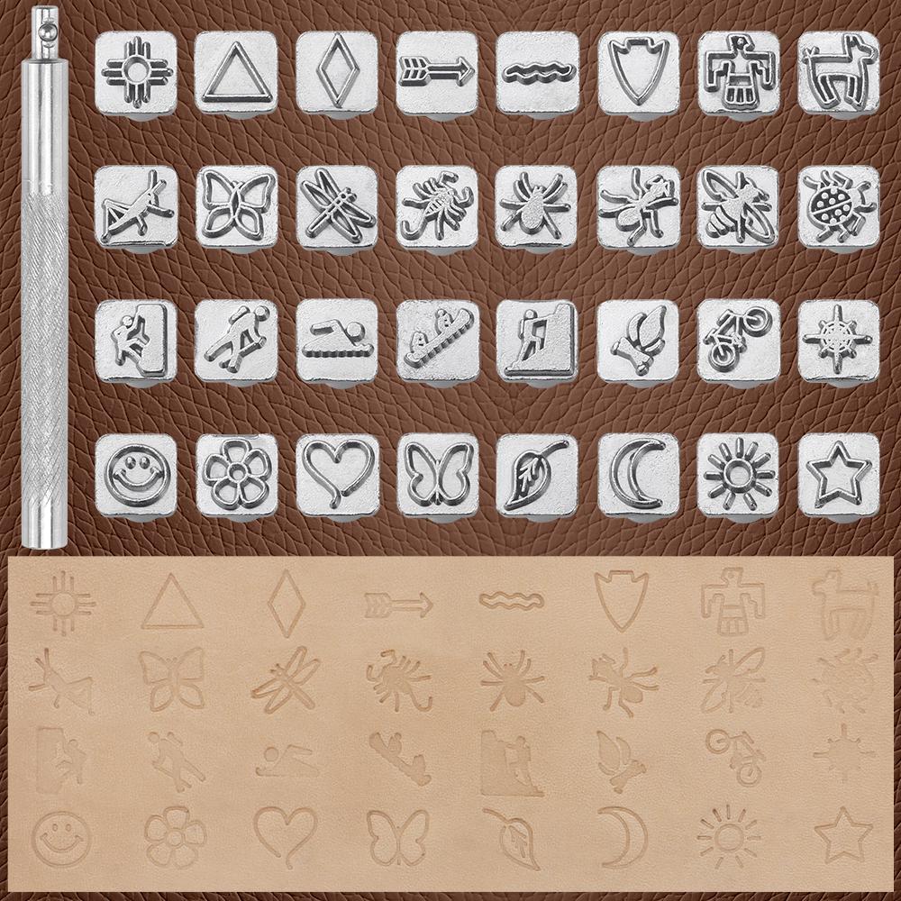 1set DIY Leather Sculpture Puncher Tool, Manual Leather Carving Printing Tool, Various Fancy Shape Engrave & Stamping Tool Set
