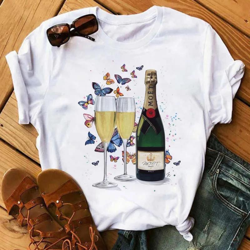 Funny Wine Glass Print T-Shirt Women's Round Neck Short Sleeve T-Shirt Casual Women's Camisole Fashion