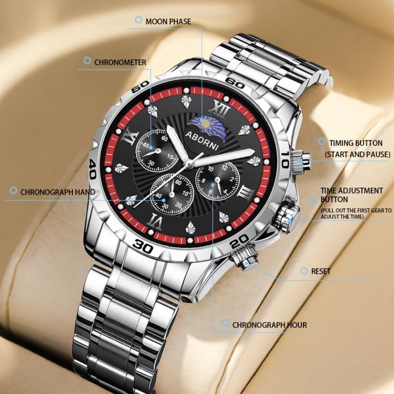 ABORNI Мужские часы Многофункциональные кварцевые часы с фазой Луны Водонепроницаемые светящиеся трендовые мужские часы