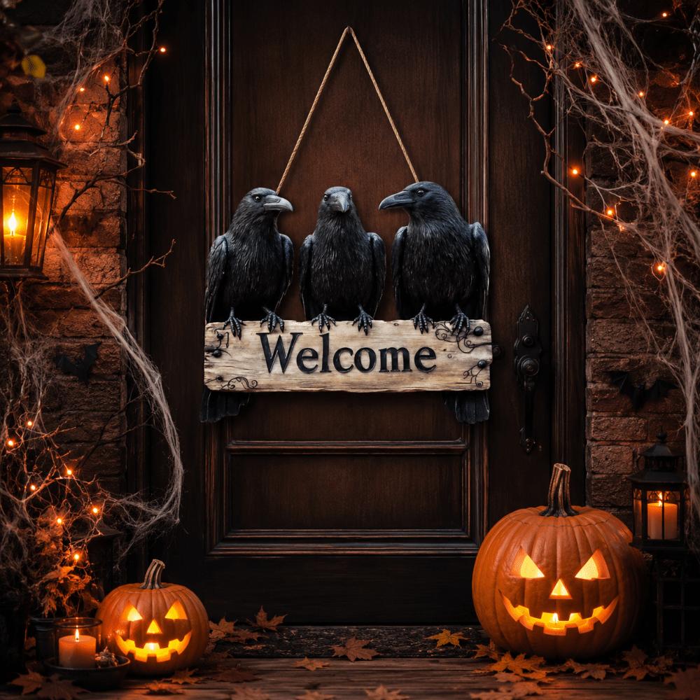 Black Crow Pattern Halloween Door Hanger Wooden Material Wall Hanging Ornament Halloween Decor
