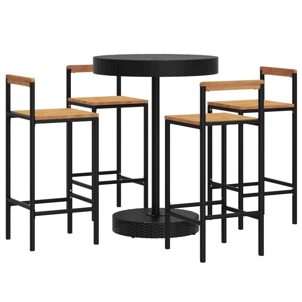 5 Piece Garden Bar Set Black Poly Rattan & Solid Acacia Wood