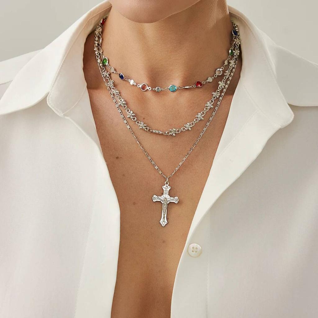 SHIXIN 3Pcs/Set Vintage Jesus Cross Pendant Necklace for Women Elegant Multilayer Colorful Crystal Chain Choker Jewelry Gift New