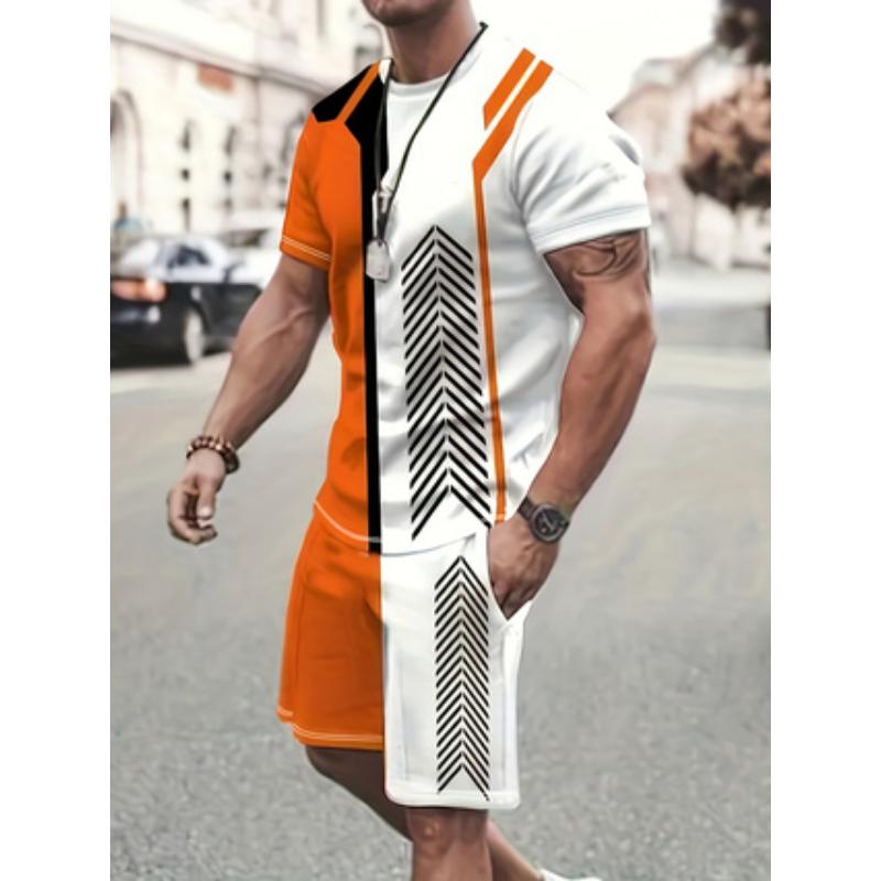 Men's Suit Casual Simple Pattern Printing T-shirt Hawaiian Casual Vacation T-shirt Two Piece Quick Drying Short Sleeved Men Set