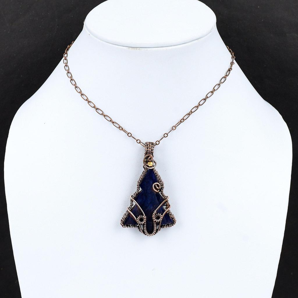 Подвеска из содалита, обернутая медной проволокой, ювелирное изделие ручной работы, изящная подвеска из драгоценного камня, подвеска в виде рождественской елки, ювелирное изделие из содалита, подарок для женщин