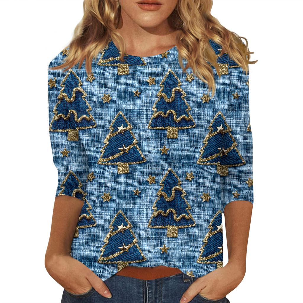 Women's Fashionable Casual Three-Quarter Sleeve Christmas Print Round Neck Top