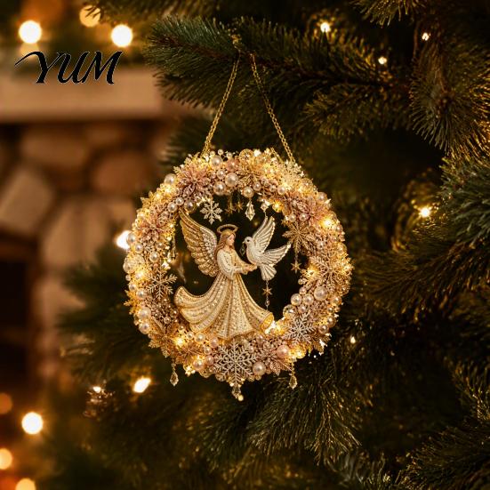 Xmas Tree Pendant Decor 2Pcs Pearl Diamond Christmas Ornament Set, 2D Acrylic Glitter Hanging Party Ornaments with Ribbon, Festive for Holiday