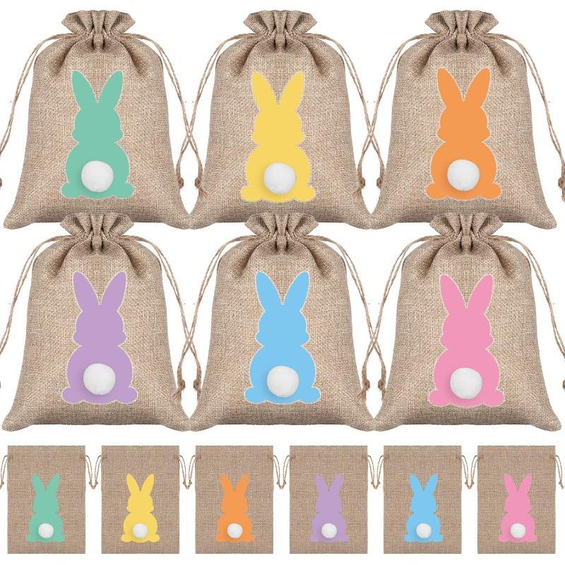 18pcs Bunny Durable Burlap Gift Bags Gift Wrap Drawstring for Easter Candy with Twine Present Pouches Easter Party Favors