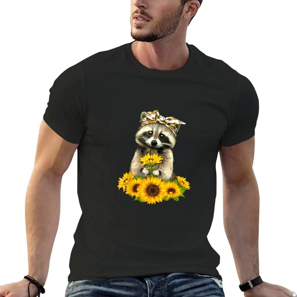 New Raccoon Sunflower T-Shirt Funny Black T Shirt Sweat Shirts Cute Clothes Mens T Shirts Casual Stylish Oversized T Shirt Men