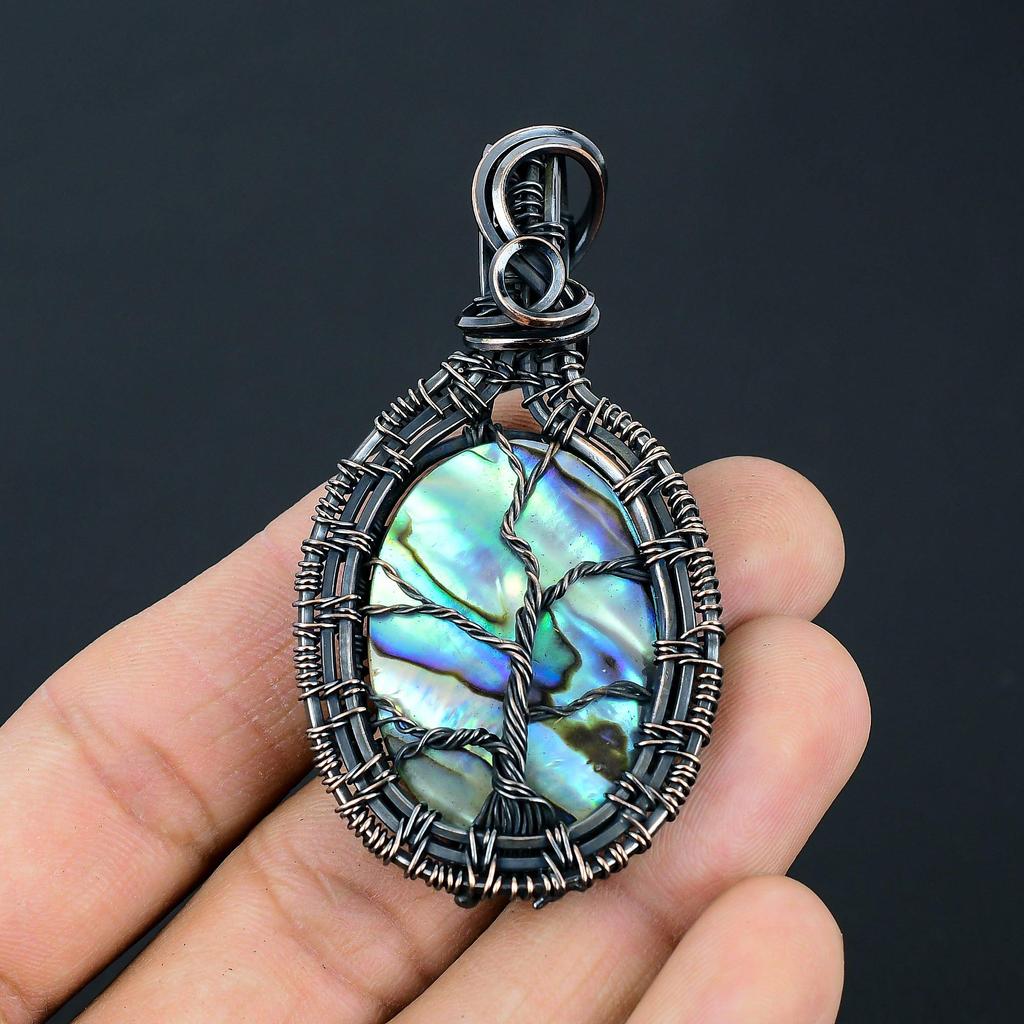 Tree Of Life Abalone Shell Gemstone Handmade Pure Copper Wire Wrap Amazing Jewelry Pendant
