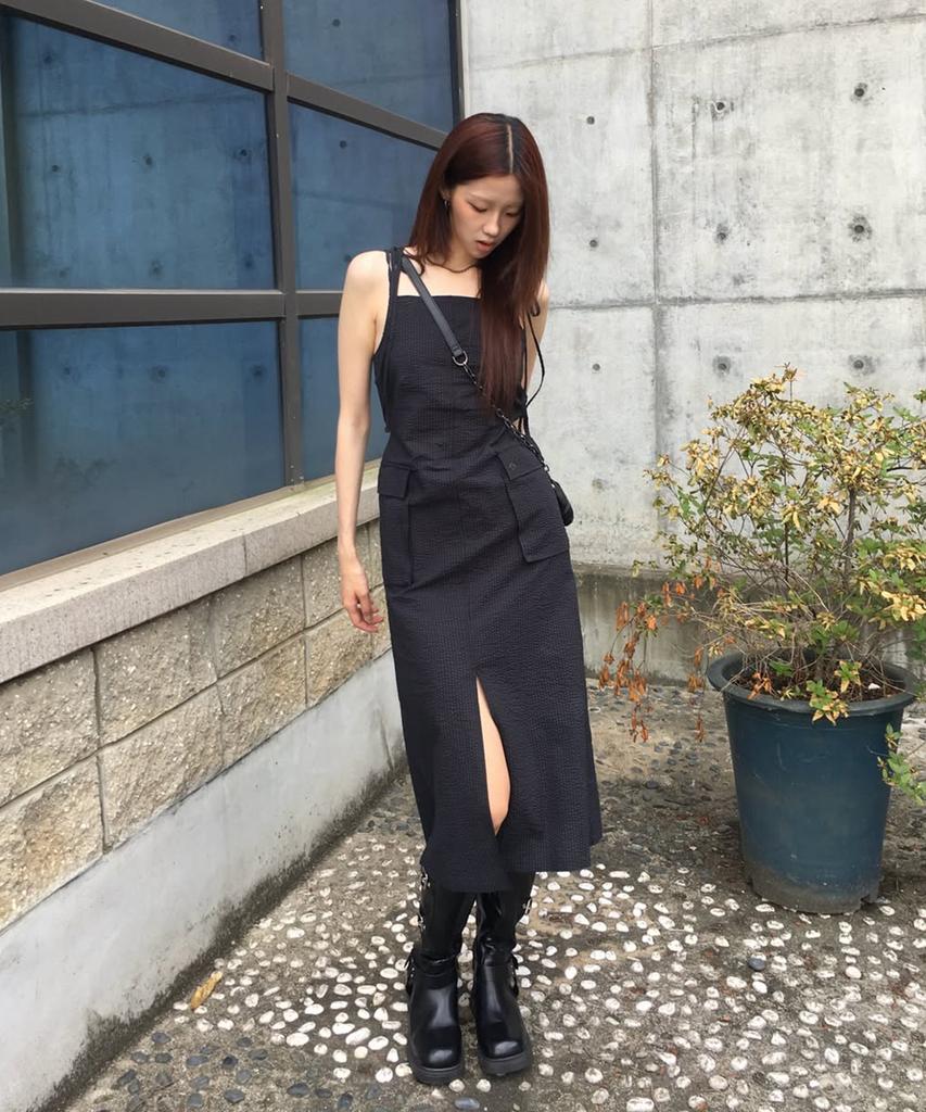Ulkin Seersucker Cargo Sleeveless Dress_Charcoal