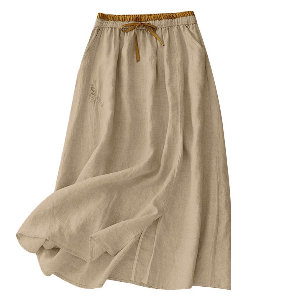 Женская однотонная хлопково-льняная юбка-полусолнце, повседневная, средней длины, на резинке, повседневная юбка-полусолнце