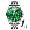 OLEVS Waterproof Quartz Analog Watch with Date Silver Stainless Steel Large Green Business Fashion Stylish and Watch for Men Rotating Men's Display,