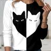 Классическая черно-белая футболка с принтом кота контрастного цвета, женские милые модные топы с длинными рукавами, повседневная уличная свободная рубашка большого размера