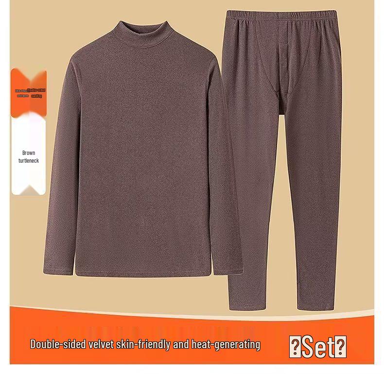 Men's Korean Fleece Set: Long Sleeve, Long Pants, High Neck, Double-Sided, Warm Base Layer for Autumn and Winter