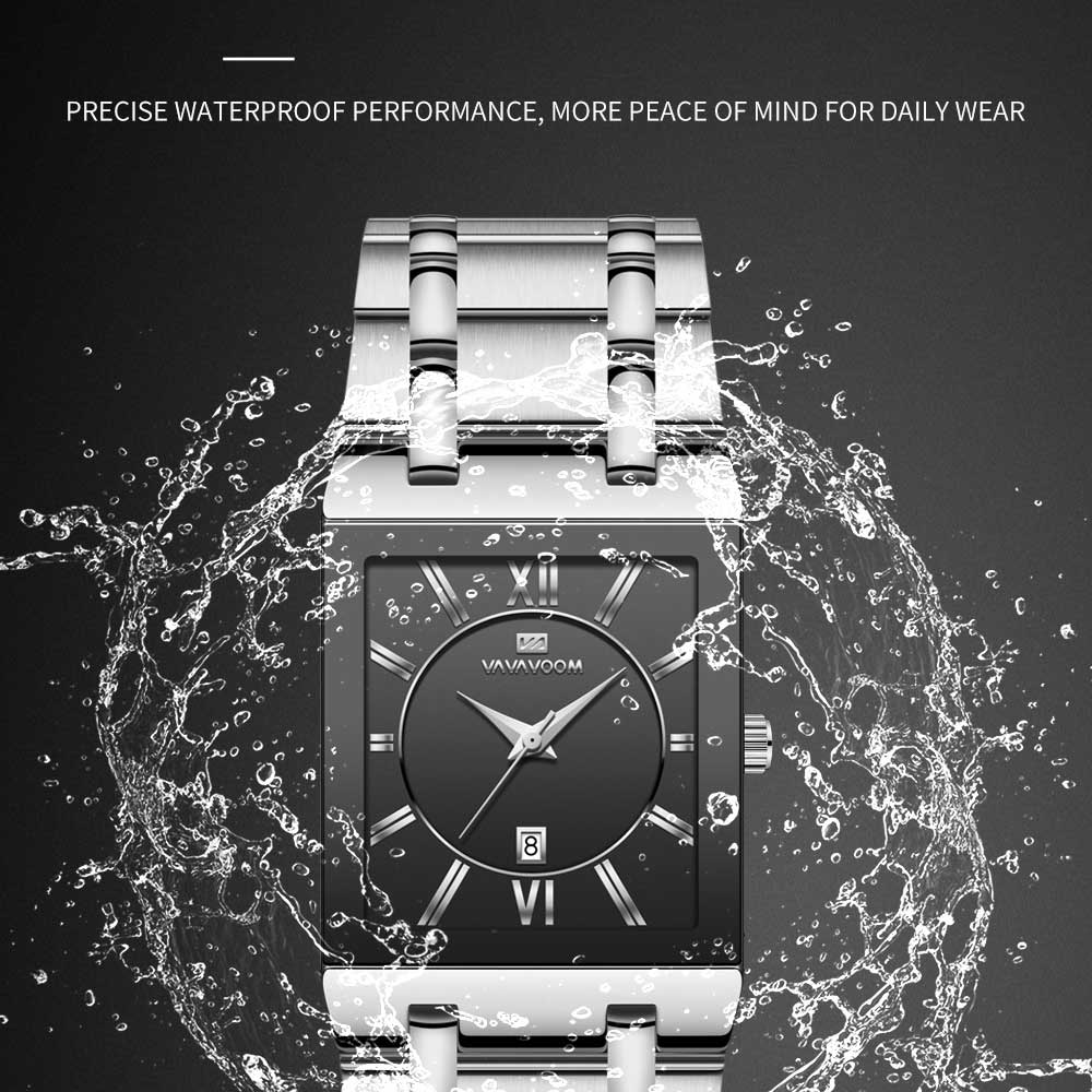 VA VA VOOM Men Watches Fashion Top Brand Luxury White Square Waterproof Quartz Wristwatch Stainless Steel Date Clock Mens Casual Business Watch
