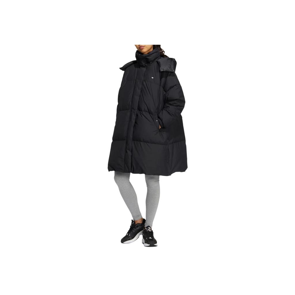 Adidas Originals Premium Down Brand Logo Embroidered Long Hooded Down Jacket Women Outerwear Black HS9528