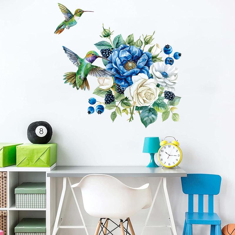 Hummingbird Rose Wall Stickers Waterproof Vinyl Flowers Decals for Bathroom Tiles Washbasin Mirror Peel & Stick Home Decor Floral Bird Art