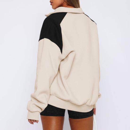 Весна Осень Женская толстовка Отложной воротник Длинные рукава Свободная молния до середины спины Контрастный цвет Улица