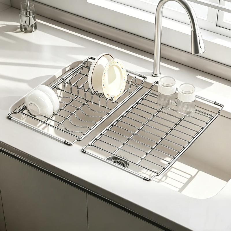 Stainless Steel Expandable Over Sink Dish Drying Rack Rustproof For Kitchen Dish Fruit Vegetable Draining