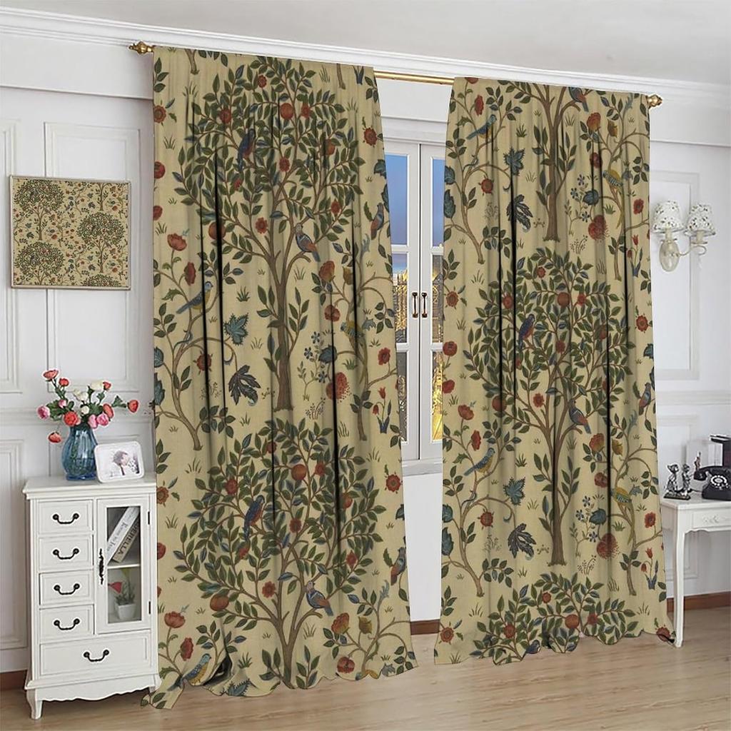 Винтажные шторы блэкаут William Morris Forest   Рустикальные бохо шторы с птицами и растениями   для гостиной, спальни 21(W)*45(L