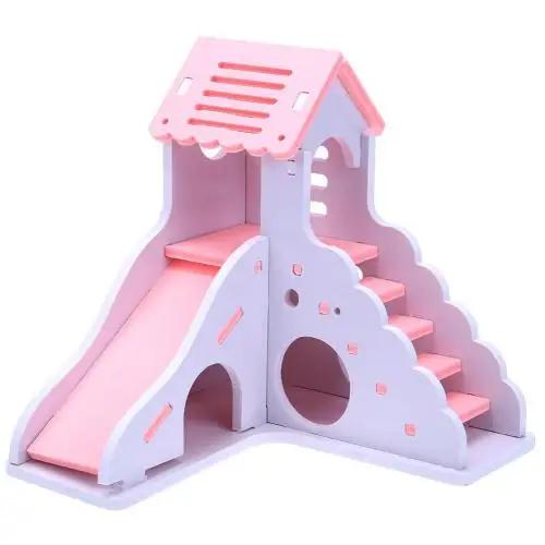 Colorful Mini Eco-board Wooden Slide DIY Assemble Hamster House Small Animals Pet Toy Double Stair-style Castle Pavilion Villa