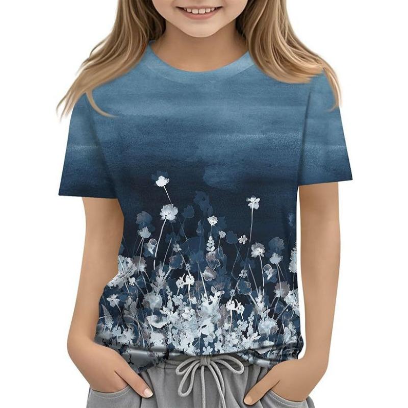 Детская футболка с 3D-принтом, новая повседневная универсальная детская одежда с цветочным 3D-принтом, футболка с короткими рукавами и круглым вырезом