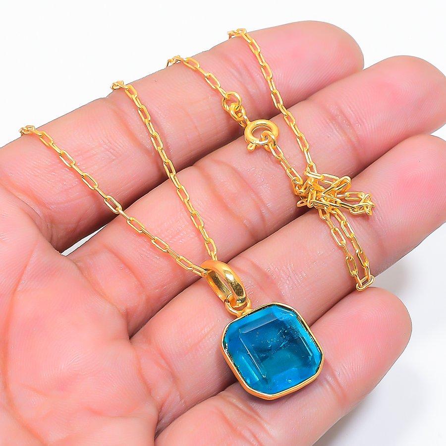Blue Topaz Gemstone Handmade 925 Sterling Silver Jewelry Necklace 20" GK-7555