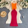 Summer Women's Clashing Color V-Neck Sexy Tight Package Hip Mid-Length Knit Dresses