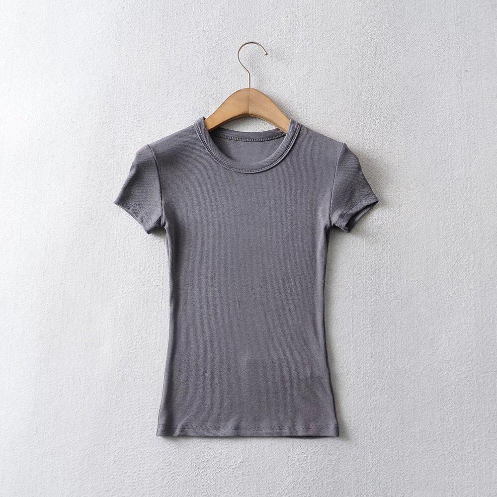 Европейская и американская женская однотонная приталенная футболка в стиле ретро с коротким рукавом