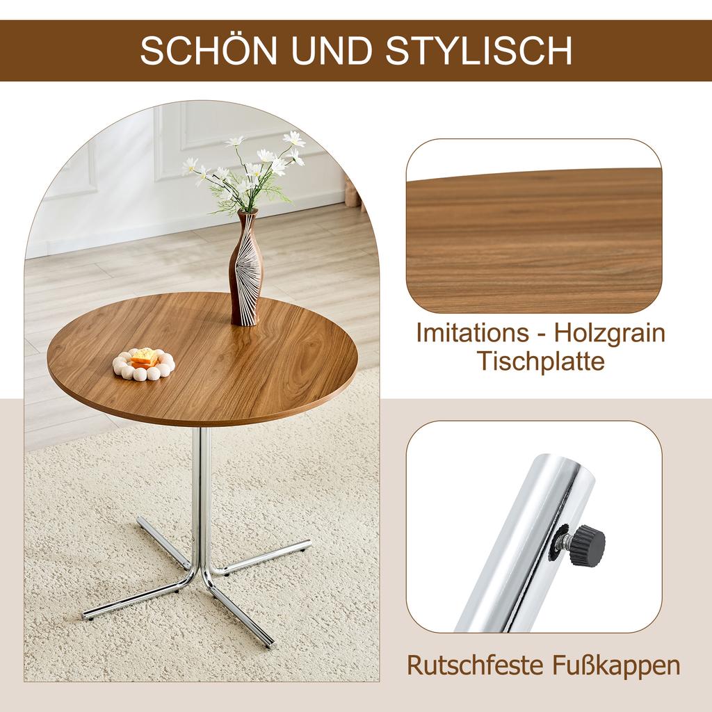 Round modern side table, walnut MDF tabletop, chrome-plated 3-leg metal frame, for living room, dining room, balcony and office, minimalist design